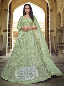 Odette - Olive Embroidered Semi Stitched Lehenga with Unstitched Blouse and Dupatta (Set of 3)