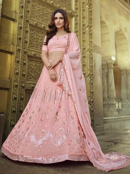 Odette - Pink Embroidered Semi Stitched Lehenga with Unstitched Blouse and Dupatta (Set of 3)