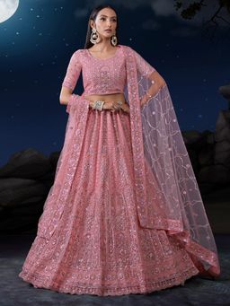 Odette - Pink Floral Sequined Net Semi Stitched Lehenga with Unstitched Blouse and Dupatta (Set of 3)