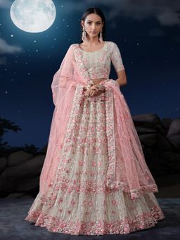 Odette - Off White Embroidered Net Semi Stitched Lehenga with Unstitched Blouse and Dupatta (Set of 3)
