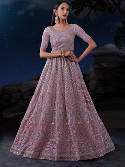 Odette - Mauve Embroidered Net Semi Stitched Lehenga with Unstitched Blouse and Dupatta (Set of 3)