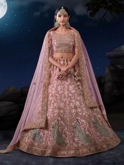 Odette - Pink Embroidered Net Semi Stitched Lehenga with Unstitched Blouse and Dupatta (Set of 3)