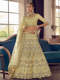 Odette - Yellow Embroidered Semi Stitched Lehenga with Unstitched Blouse and Dupatta (Set of 3)