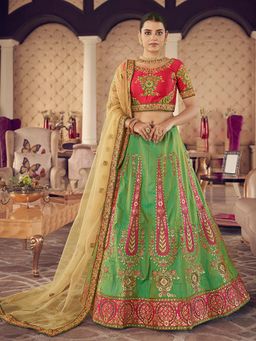 Odette - Green-Red Embroidered Semi Stitched Lehenga with Unstitched Blouse and Dupatta (Set of 3)