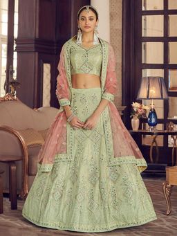 Odette - Green Embroidered Semi Stitched Lehenga with Unstitched Blouse and Dupatta (Set of 3)