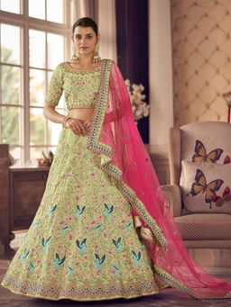 Odette - Light Green Embroidered Semi Stitched Lehenga with Unstitched Blouse and Dupatta (Set of 3)