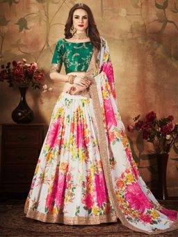 Odette - White-Green Printed Semi Stitched Lehenga with Unstitched Blouse and Dupatta (Set of 3)