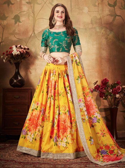 Odette Yellow-Green Printed Semi Stitched Lehenga with Unstitched Blouse and Dupatta (Set of 3)
