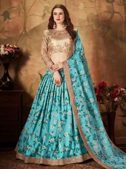 Odette - Blue Floral Embroidered Semi Stitched Lehenga with Unstitched Blouse and Dupatta (Set of 3)