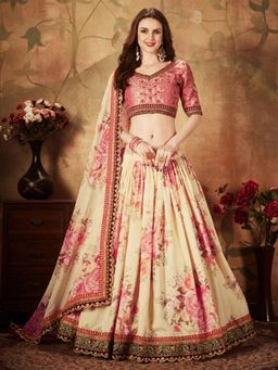 Odette - Beige Floral Embroidered Semi Stitched Lehenga with Unstitched Blouse and Dupatta (Set of 3)
