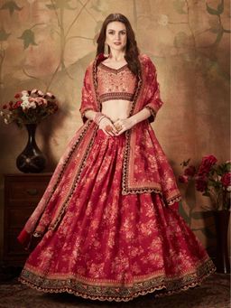 Odette - Maroon Floral Embroidered Semi Stitched Lehenga with Unstitched Blouse and Dupatta (Set of 3)