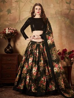 Odette - Black Floral Printed Semi Stitched Lehenga with Unstitched Blouse and Dupatta (Set of 3)
