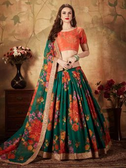 Odette - Green Floral Printed Semi Stitched Lehenga with Unstitched Blouse and Dupatta (Set of 3)