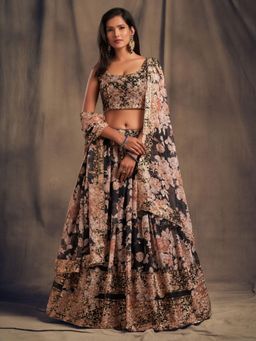 Odette - Black Floral Printed Semi Stitched Lehenga with Unstitched Blouse and Dupatta (Set of 3)