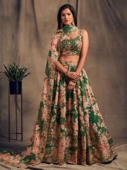 Odette - Green Floral Printed Semi Stitched Lehenga with Unstitched Blouse and Dupatta (Set of 3)