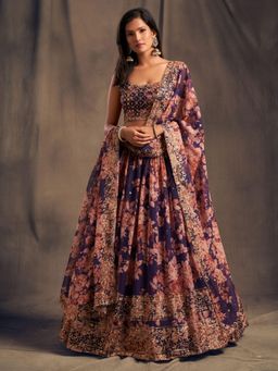 Odette - Purple Floral Printed Semi Stitched Lehenga with Unstitched Blouse and Dupatta (Set of 3)