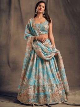 Odette - Light Blue Floral Printed Semi Stitched Lehenga with Unstitched Blouse and Dupatta (Set of 3)