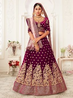 Odette - Wine Embroidered Semi Stitched Lehenga with Unstitched Blouse and Dupatta (Set of 3)