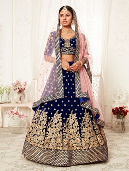 Odette - Navy Blue Embroidered Semi Stitched Lehenga with Unstitched Blouse and Dupatta (Set of 3)