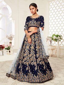 Odette - Navy Blue Embroidered Semi Stitched Lehenga with Unstitched Blouse and Dupatta (Set of 3)