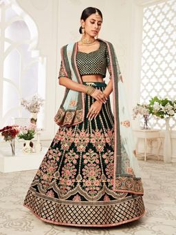 Odette - Green Velvet Embroidered Semi Stitched Lehenga with Unstitched Blouse and Dupatta (Set of 3)
