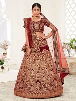 Odette - Maroon Velvet Embroidered Semi Stitched Lehenga with Unstitched Blouse and Dupatta (Set of 3)
