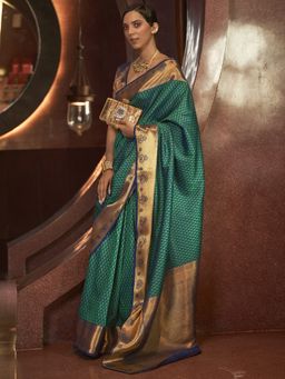 Akhilam - Women Silk Blend Teal & Green Woven Design Handloom Saree with Unstitched Blouse