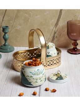 Amaya Decors - Green Peacock Print Jar with Basket