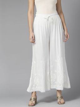 ADA - Hand Embroidered Stylish White Rayon Lucknowi Chikankari Palazzo