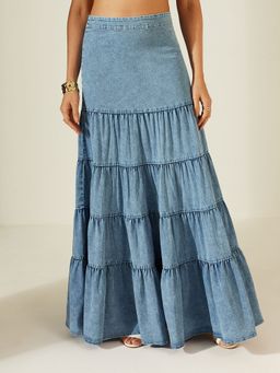 Miss Chase - Light Blue High Rise Gathered Denim Skirt