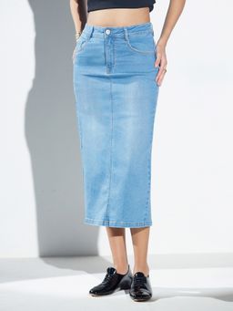 Miss Chase - Light Blue High Rise Stretchable Denim Skirt