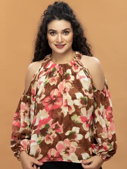 Attic Salt - Brown Printed Cold Shoulder Top