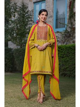 Autumnlane - Suruchi Yellow Cotton Kurta Pant with Dupatta with Tulip Pant (Set of 3)