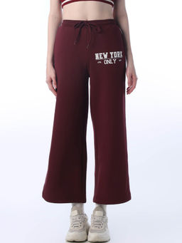 ONLY - Women's Printed Flared Fit High-Rise Maroon Track Pant