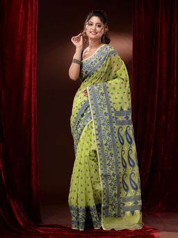 CHARUKRITI - Lime Green Silk Cotton Handwoven Jamdani Saree with Floral Borders and Paisley Pallu