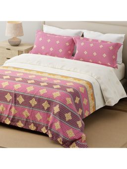 Layers - Forever 100% Cotton Pink & White Ethnic Print King Bedsheet with 2 Pillow Covers