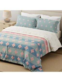 Layers - Forever 100% Cotton Blue & White Ethnic Print King Bedsheet with 2 Pillow Covers