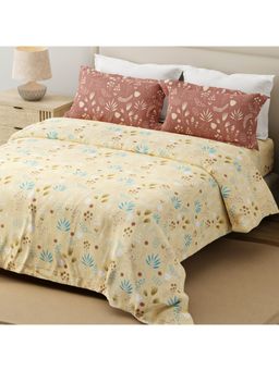 Layers - Forever 100% Cotton Yellow & Brown Floral King Bedsheet with 2 Pillow Covers