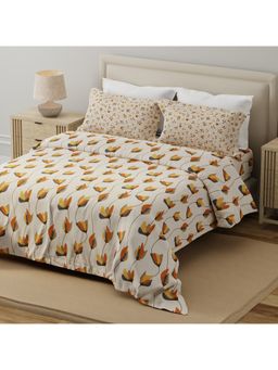 Layers - Forever 100% Cotton Grey & Cream Floral Double Bedsheet with 2 Pillow Covers (Queen)