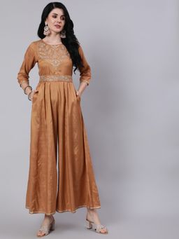 Jaipur Kurti - Camel Brown Silk Blend Embroidered Kali Jumpsuit with Belt (Set of 2)
