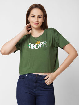 Spykar - Round Neck Half Sleeve Olive Green Printed T-Shirt