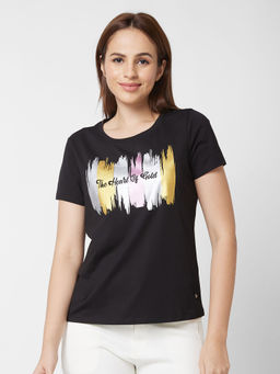 Spykar - Round Neck Half Sleeve Black Printed T-Shirt