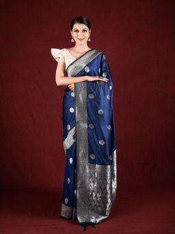 EXCLUSIVA - Blue Satin Silk Saree Self Weaving with Unstitched Blouse