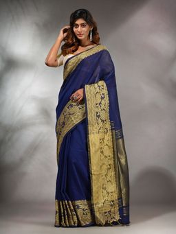 CHARUKRITI - Blue Cotton Handwoven Saree with Floral Borders & Unstitched Blouse