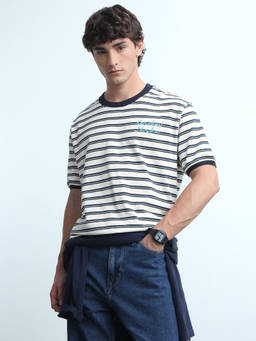 Flying Machine - Men White Horizontal Striped Relaxed Fit T-Shirt