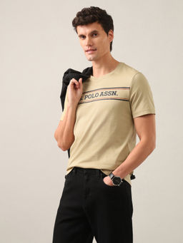 U.S. POLO ASSN. - Men Beige Brand Embossed Regular Fit T-Shirt