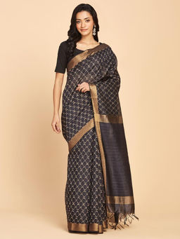 Fabindia - Black Silk Blend Woven Saree Without Blouse