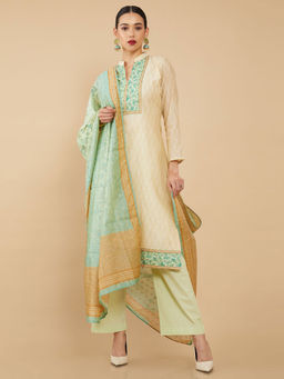 Soch - Beige Chanderi Unstitched Dress Material ( Set of 3 )