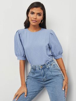 Styli - Blue Short Puff Sleeves Textured Round Neck Top