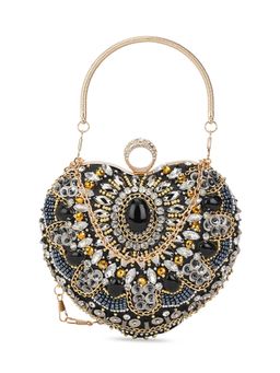 Globus - Women Black Embellished Small Party Clutch with Attached Chain